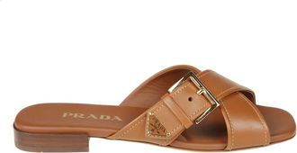 Prada Schoenen, Dames, Bruin, 36 EU, Leer, Crisscross Slippers met Gesp