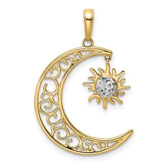 Diamond2Deal 14k Yellow Gold White Rhodium Diamond-cut Moon Dangle Sun Pendant