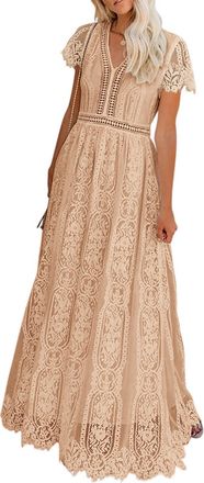 Merokeety Womens V Neck Short Sleeve Floral Lace Wedding Dress Bridesmaid Cocktail Party Maxi Dress, Apricot, XL