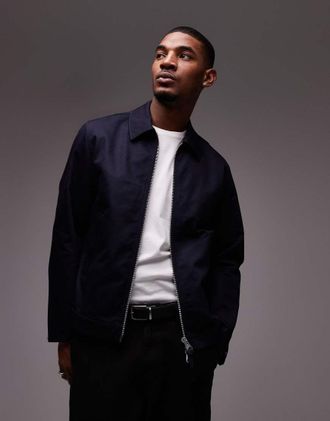 Arket zip front minimal workwear jacket with collar in navy-Gray