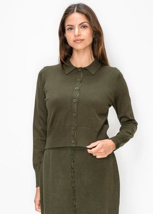 YAL New York Cropped Collared Cardigan in Olive