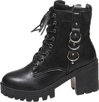 Generic Black Women Comfortable Ankle Boots Round Toe Front Lace Up Side Zipper High Heel for Indoor and Outdoor Scenes