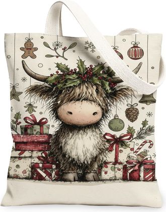 Generic Christmas Cow Canvas Tote Bags, Festive Animal Print Reusable Bags, Winter Rustic Lightweight Washable Shoulder Strap, Beige, 13x15 Inch