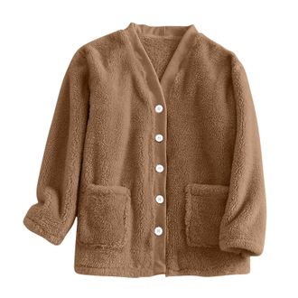 Generic Womens Fuzzy Fleece bed Jacket Soft Cozy Warm V-Neck Button up Sleepwear Long Sleeve Winter Pajama with Pockets