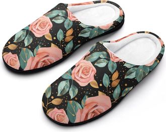 Generic Classical Rose Flower Mens Slippers Slip On Comfortable Fleece Cotton House Shoes Winter