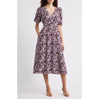 Caslon Puff Sleeve Heart Midi Dress in Red- Pink Addie Abstract at Nordstrom Rack, Size Large