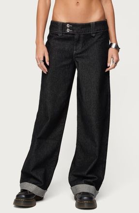 Edikted Low Rise Cuffed Straight Leg Jeans in Black-Washed at Nordstrom, Size X-Large