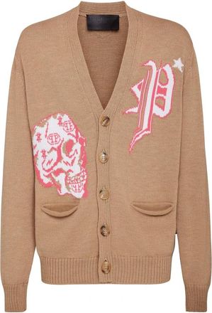 Philipp Plein Merino Wool Cardigan Short Jacquard Skull - Heren - Vesten - Beige - L - Wol - Truien & Vesten