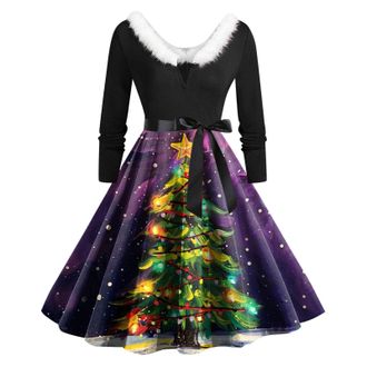 Generic Christmas Dresses for Women Glad Rags Vintage Elegant A Line Christmas Fancy Dress Formal Dresses for Women Multi Colored Vintage Printed Holiday Long