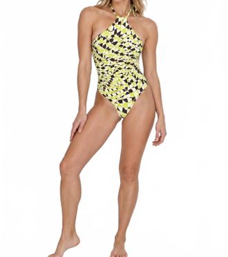 Mono B Geographic Halterneck One-Piece Swimsuit In Neon Green/ White/ Black