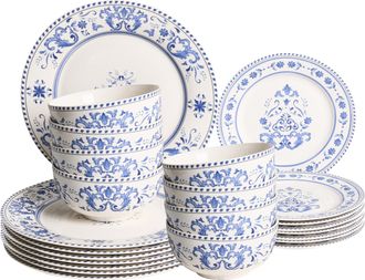 Beliani Vajilla De 24 Piezas De Porcelana Acabado Esmaltado Con Dise&ntilde;o Abstracto Para 8 Personas Comedor Cocina Blanco Y Azul Galangal