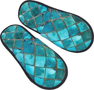 Generic Mens Slipper Square Glass Mosaic Print Fluffy Spa Slippers Non-Slip Lightweight Womens Slippers Winter Ladies L