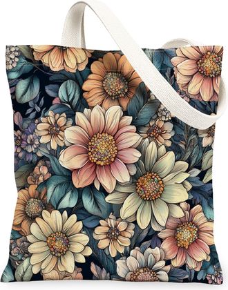 Generic Spring Aesthetic Zinnia Canvas Tote Bag for Shopping 13x15, Retro Flower Garden Reusable Grocery Print Pattern Bag for Women, Floral Wildflower Beach 