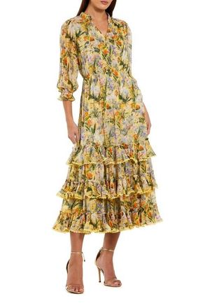 Mac Duggal Floral V-Neck Ruffle Midi Dress with 3/4 Sleeves in Yellow Multi at Nordstrom, Size 14