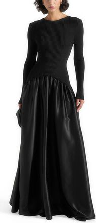 Mani&egrave;re De Voir Adeline Knit & Satin Curved Hem Maxi Dress in Black at Nordstrom, Size 12