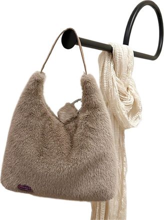 Generic Womens Plush Bags Simple Womens Shoulder Bag Winter Travel Tote Female Soft Fluffy Plush Handbag Large Capacity Shopping(Khaki)