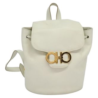 Ferragamo Gancini Flap Drawstring Backpack Leather White Leather Backpack Bag (Pre-Owned)