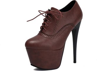 Generic Womens Stiletto High Heel Dress Pumps Round Toe PU Leather Brogue Shoes Lace Up Party Prom Shoes,Brown,7.5 UK