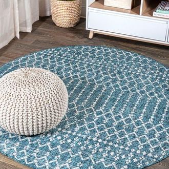 Jonathan Y Designs Ourika Moroccan Geometric Textured Weave Indoor/Outdoor Round Area Rug in Teal/gray at Nordstrom, Size 5Ft 0In X 5Ft 0In