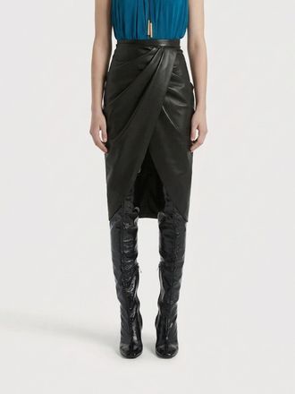 Balmain Draped Asymmetric Lambskin Leather Midi Skirt