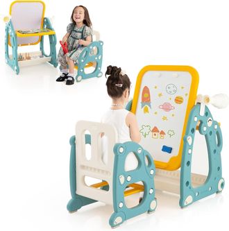 Costway Costway - Juego De Mesa Y Silla Para Ni&ntilde;os Con Pizarra Blanca Ajustable De 3 Niveles, Telescopio Y Juego De Lanzamiento De Anillos, Canasta De Almacen