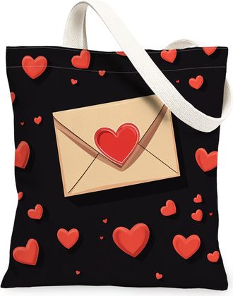 Generic Valentines Day Hearts Canvas Tote Bags, Cute Love Letter Design Reusable Grocery Bags, Lightweight Washable Shoulder Strap Canvas for Shopping, Travel