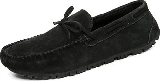 Generic Mens Loafers Shoe Deck Shoes Genuine Leather Stitching Details Round Toe 1-Eye Suede Vamp Slip Resistant Comfortable Flat Heel Prom Casual Slip-on(Bla