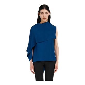 Ferragamo Womens Blue Viscose Top With Cape Detail, Brand Size 44 (US Size 10)