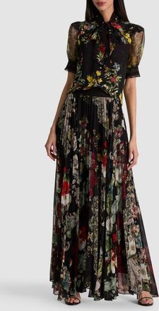 Alice & Olivia Brentley Tie Neck Puff Sleeve Top in Desert Sprigs Black at Nordstrom, Size X-Large
