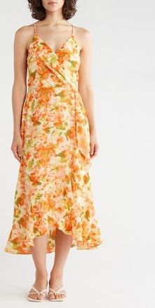 Chelsea28 Floral Faux Wrap Midi Dress in Orange Green Rebecca Floral at Nordstrom Rack, Size Xx-Small