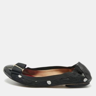Carolina Herrera CH Carolina Herrera Black Leather And Patent Leather Bow Scrunch Ballet Flats Size 39