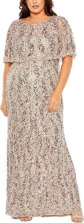 Mac Duggal Plus Embellished Sequin Column Capelet Gown