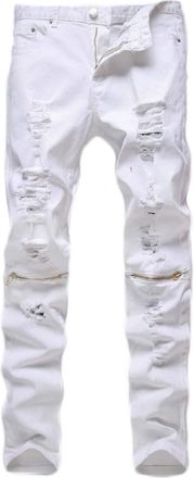 Generic JIER Men Straight Distressed Denim Pants Stretch Regular Fit Ripped Trousers Designer Skinny Destroyed Jeans (White 2,42)