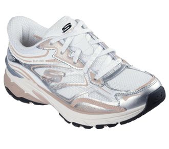 Skechers Womens Stamina Sport Slip-On Sneakers, Silver Duraleather/White Mesh/Pink Trim, 4 UK