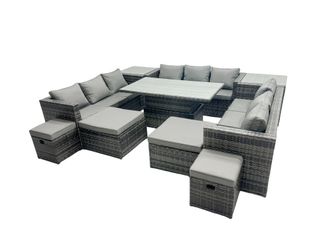 Fimous Rattan Dining Table Sofa Set with 2 Side Tables Stools Outdoor 13 Seat in Dark Grey