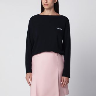 Miu Miu Maglione blu in lana vergine con intarsio logo