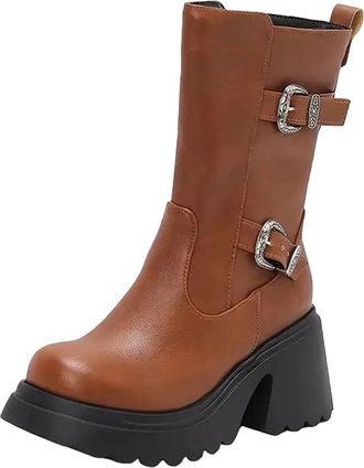 Generic Womens Retro Casual Mid Calf Boots Round Toe Super High Block Heel Platform With Side Zipper And Metal Decor