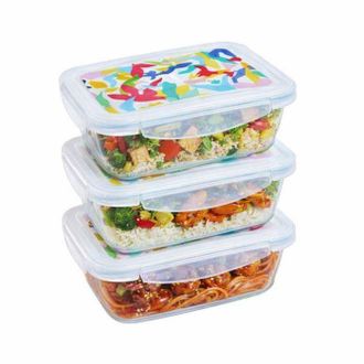 Pyrex Caja De Almuerzo - Pyrex - Lote De 3 Cajas De Vidrio - Rectangular - Tapa Herm&eacute;tica - Dise&ntilde;o Abstracto - 0.80 L