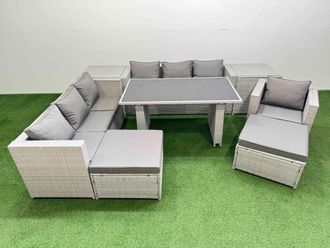 Fimous Patio Garden Furniture Sets with 2 Side Tables 2 Big Stool Light Grey