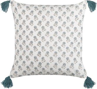 Beliani Beliani - Coj&iacute;n De Algod&oacute;n Blanco Azul Gris 45 X 45 Cm A Mano Floral Borlas Relleno Cornus