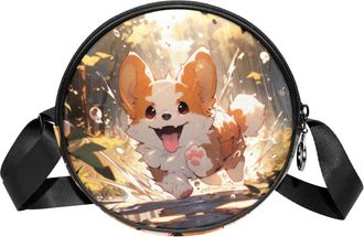 Generic Circle Crossbody Bag for Women, Corgi Dogs Small Sling Bag Daypack with Zipper Adjustable Shoulder Straps Casual Ladies Girls Round Purse