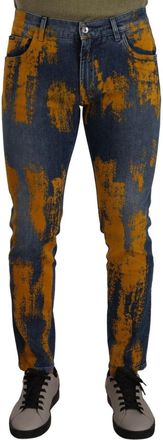 Dolce & Gabbana Mens Paint Splatter Jeans Slim Fit - Dark Blue Cotton - Size EU 52 (Mens)