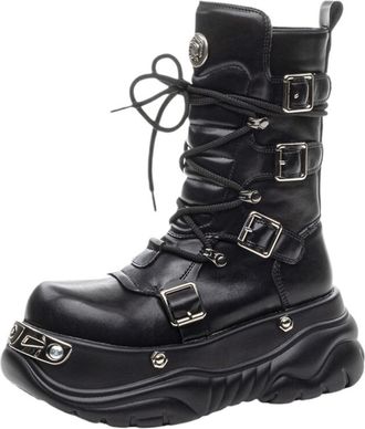 Generic Dark Punk Metal Sponge Thick Soled Lace Up Midsole Boots Gothic Style Boots Womens Boots Height Increasing(US8)