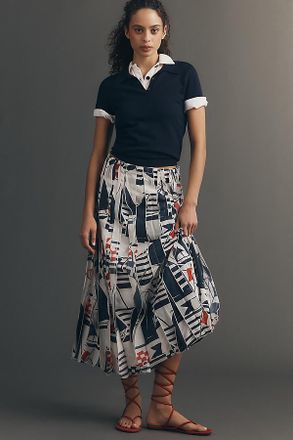 Maeve Graphic Tiger Piped Midi Skirt