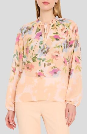 Tahari by ASL Floral Print Tie Neck Top in Blush Multi at Nordstrom, Size X-Small
