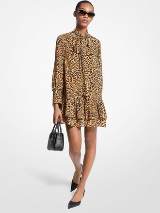 Michael Kors Leopard Print Georgette Tie-Neck Dress