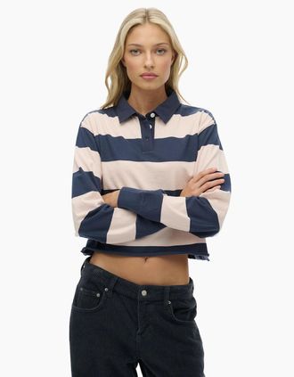 Superdry Womens Superdry Womens Athletic Essentials Long Sleeve Polo Shirt - Lauren Navy Pink Stripe - Size: 12