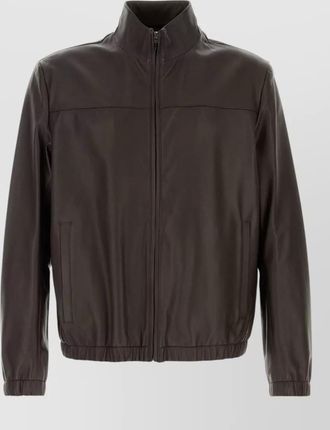 HUGO BOSS leather jacket high collar elasticated cuffs hem