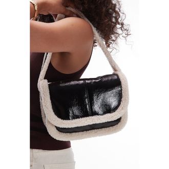 Topshop Faux Shearling Lined Faux Leather Shoulder Bag in Black at Nordstrom