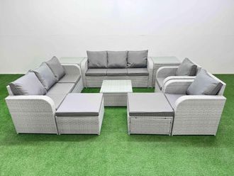 Fimous PE Rattan High Back Lounge Sofa Set Patio Square Coffee Table & Chairs Set w/ 3 Seater Sofa Reclining Chair 2 Big Footstool 2 Side Table Light